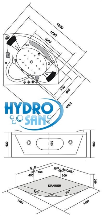 rysunek techniczny wanny z hydromasażem