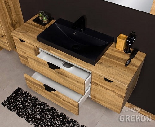 Szafka łazienkowa wisząca z czarną umywalką nablatową dąb naturalny 120 cm Victa Gante