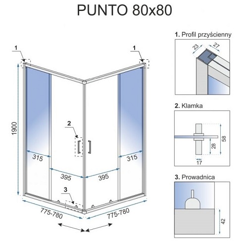 Kabina prysznicowa 80x80, czarne profile Punto Rea