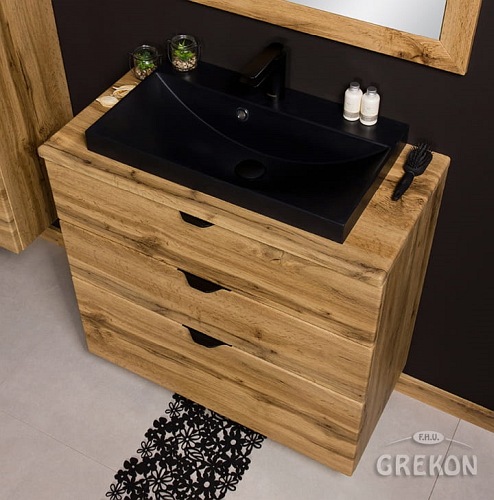 Szafka łazienkowa z czarną umywalką nablatową dąb naturalny 80 cm Victa Gante