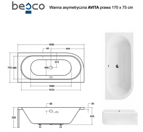 Wanna asymetryczna akrylowa Avita Besco 170 cm Prawa