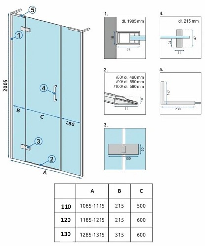 Drzwi prysznciowe do wnęki 130 cm szczotkowane złoto uchylne Hugo Rea Gold
