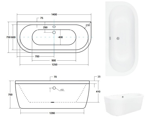 Wanna wolnostojąca przyścienna + klik-klak chrom Vista Besco 140