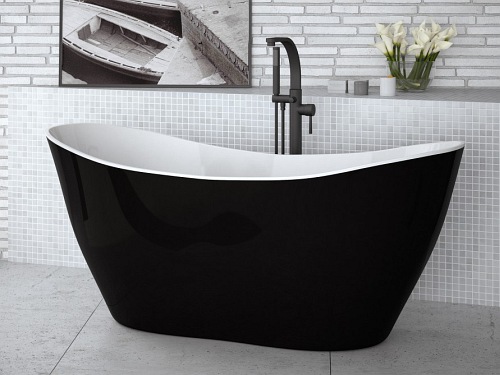 Wanna z konglomeratu czarno-biała 160 cm + klik-klak chrom Viya B&W Besco