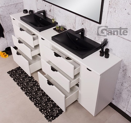 Biała matowa szafka łazienkowa z dwiema czarnymi umywalkami 210 cm Liv 2 Victa