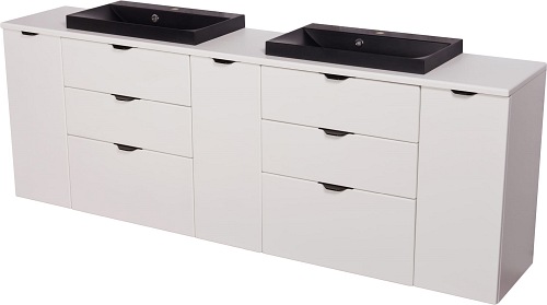 Biała matowa szafka łazienkowa z dwiema czarnymi umywalkami 210 cm Liv 2 Victa