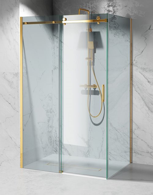 Kabina prysznicowa narożna 150x80 cm szkło 8mm przeźroczyste profile złoty połysk Swiss Liniger