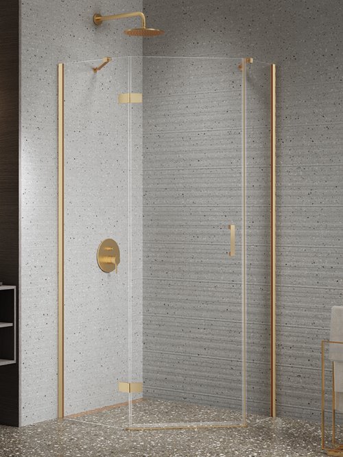 Kabina prysznicowa pięciokątna lewa drzwi uchylne kolor złoto szczotkowane 100x80 cm K-4487 New Trendy Nesta Gold Brushed