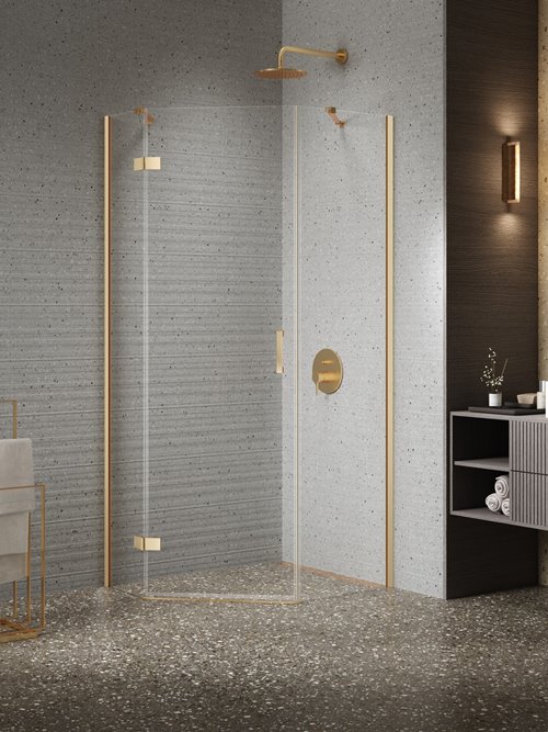 Kabina prysznicowa pięciokątna prawa drzwi uchylne kolor złoto szczotkowane 100x80 cm K-4489 New Trendy Nesta Gold Brushed