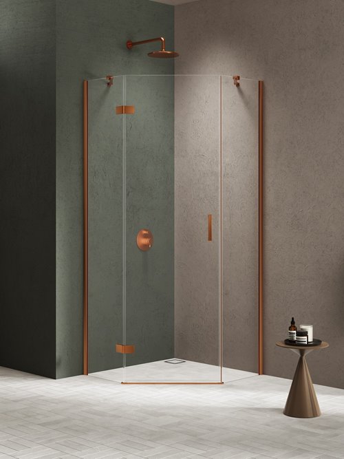 Kabina prysznicowa pięciokątna lewa drzwi uchylne kolor miedź szczotkowana 90x90 cm K-4681 New Trendy Nesta Copper Brushed