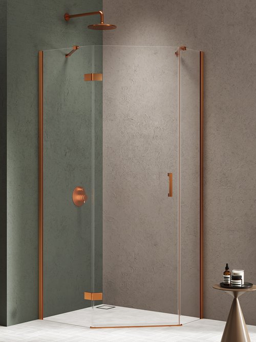 Kabina prysznicowa pięciokątna lewa drzwi uchylne kolor miedź szczotkowana 100x80 cm K-4687 New Trendy Nesta Copper Brushed