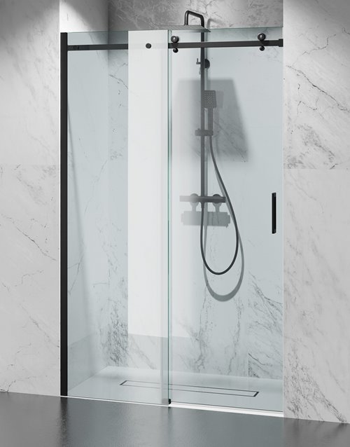 Drzwi prysznicowe rozsuwane prawe/lewe do wnęki 162-171 cm szkło 8mm przeźroczyste profile czarny mat Swiss Liniger