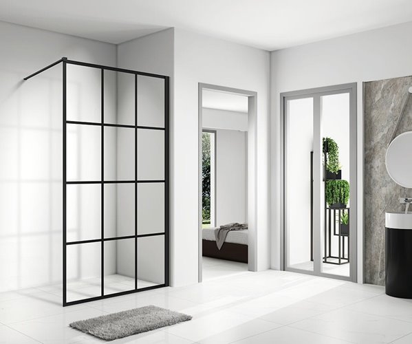 Ścianka prysznicowa 140 cm czarna kratka szkło 8mm Swiss Liniger