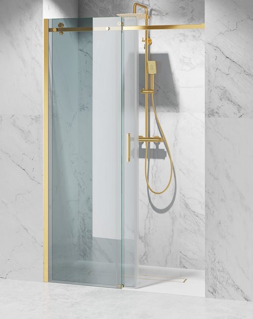 Drzwi prysznicowe rozsuwane prawe/lewe do wnęki 121-127 cm szkło 8mm przeźroczyste profile złoty mat Swiss Liniger