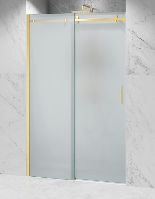 Drzwi prysznicowe rozsuwane prawe/lewe do wnęki 111-117 cm szkło 8mm mleczne profile złoty mat Swiss Liniger