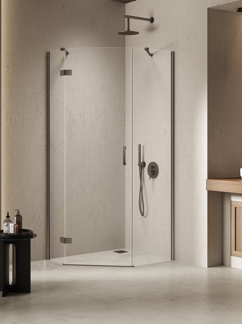 Kabina prysznicowa pięciokątna prawa drzwi uchylne kolor stal szczotkowana 100x80 cm K-4795 New Trendy Nesta Gunmetal Brushed