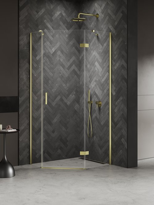 Kabina prysznicowa pięciokątna prawa drzwi uchylne kolor złoto połysk 100x80 cm K-4589 New Trendy Nesta Light Gold