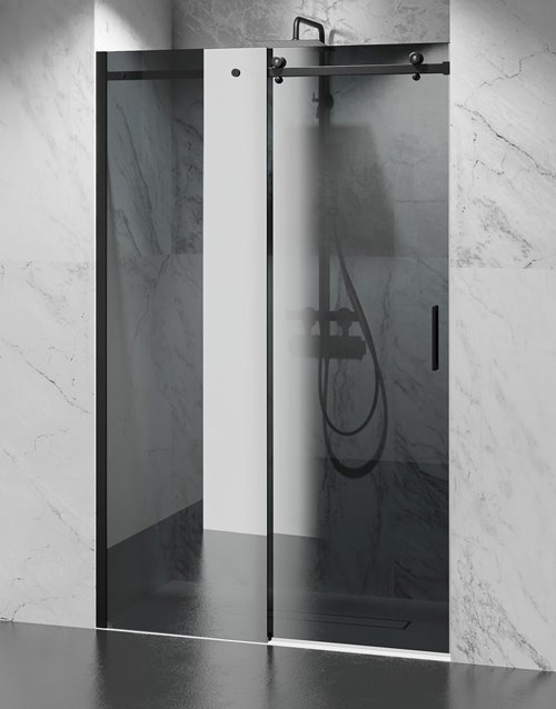 Drzwi prysznicowe rozsuwane prawe/lewe do wnęki 132-141 cm szkło 8mm grafitowe profile czarny mat Swiss Liniger