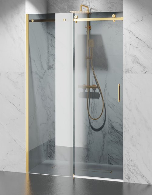 Drzwi prysznicowe rozsuwane prawe/lewe do wnęki 151-157 cm szkło 8mm grafitowe profile złoty mat Swiss Liniger