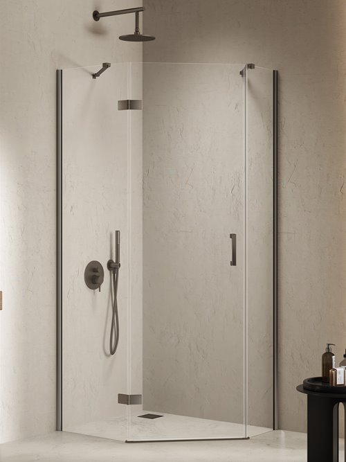 Kabina prysznicowa pięciokątna lewa drzwi uchylne kolor stal szczotkowana 100x80 cm K-4793 New Trendy Nesta Gunmetal Brushed