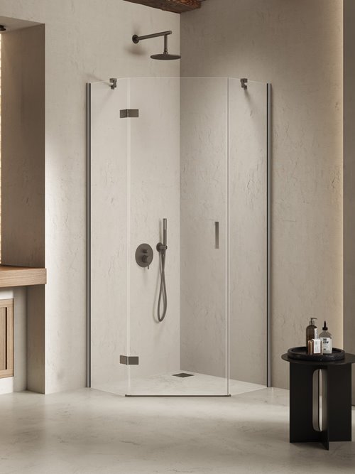 Kabina prysznicowa pięciokątna lewa drzwi uchylne kolor stal szczotkowana 90x90 cm K-4787 New Trendy Nesta Gunmetal Brushed