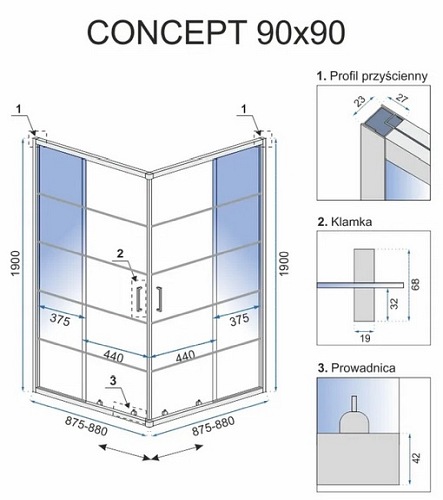 Kabina prysznicowa kwadratowa 90x90 Concept Rea