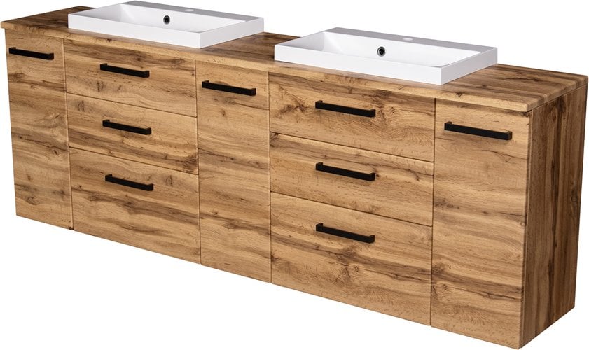 Szafka wisząca z dwiema umywalkami nablatowymi 210 cm 39/3 kolor dąb naturalny seria Fokus Loft Gante