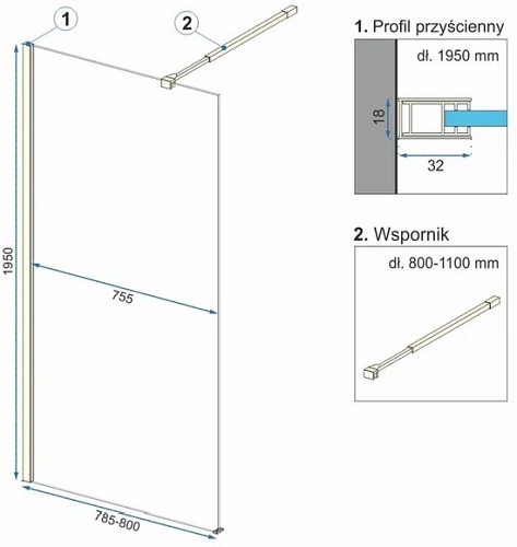 Złota ścianka prysznicowa walk-in 80 cm Aero Gold Rea