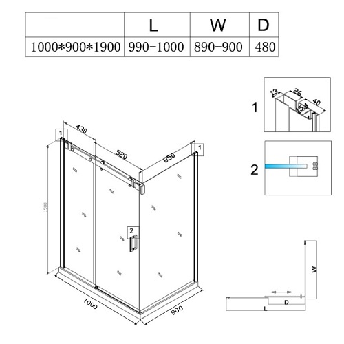 Czarna kabina prysznicowa prostokątna 100x90 szkło 8mm BS14A