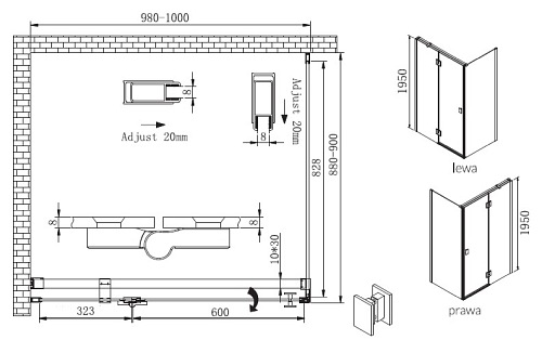 Kabina prostokątna szkło 8 mm, drzwi uchylne 90x100 Faro