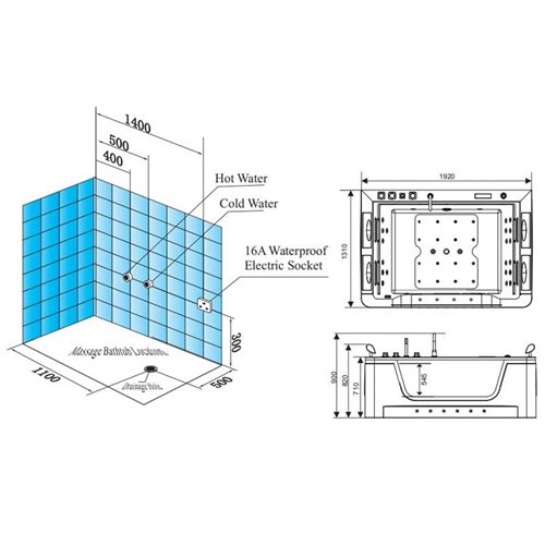 Dwuosobowa wanna z hydromasażem czarna deska 192x131 cm Zefir Hydrosan