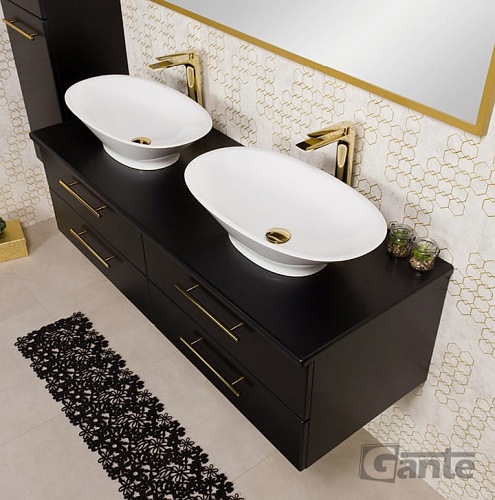 Szafka łazienkowa wisząca 140 cm czarny mat z dwiema umywalkami Belli Gold Gante