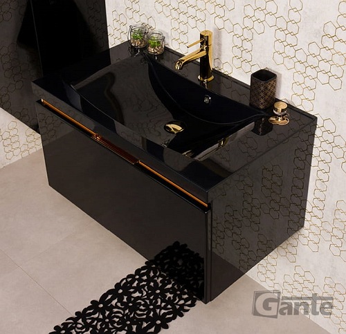 Czarna szafka z czarną umywalką złoty uchwyt 80 cm seria Diamond Gold Gante C