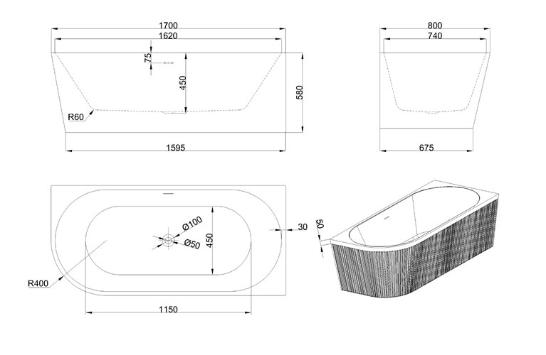 Ryflowana wanna narożna wolnostojąca przyścienna prawa 170 cm Glamour Invena AN-02-12P-M