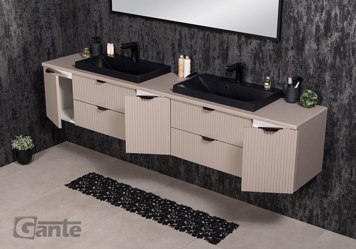 Szafka łazienkowa z lamelami wisząca z czarnymi nablatowymi umywalkami 210 cm 39/2 Victa Lamello kolor fume mat