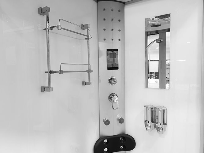 Biała kabina prysznicowa z hydromasażem + sauna na niskim brodziku 120x85 lewa MO-09914LBS