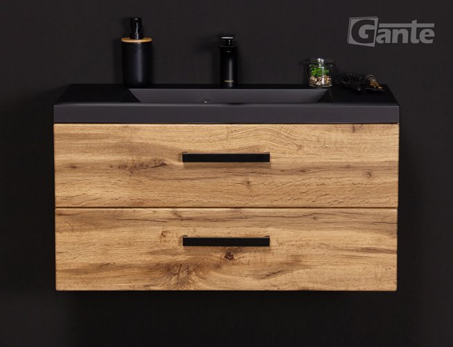 Szafka wisząca z czarną matową umywalką 80 cm kolor dąb naturalny 39/2 seria Fokus Loft Gante