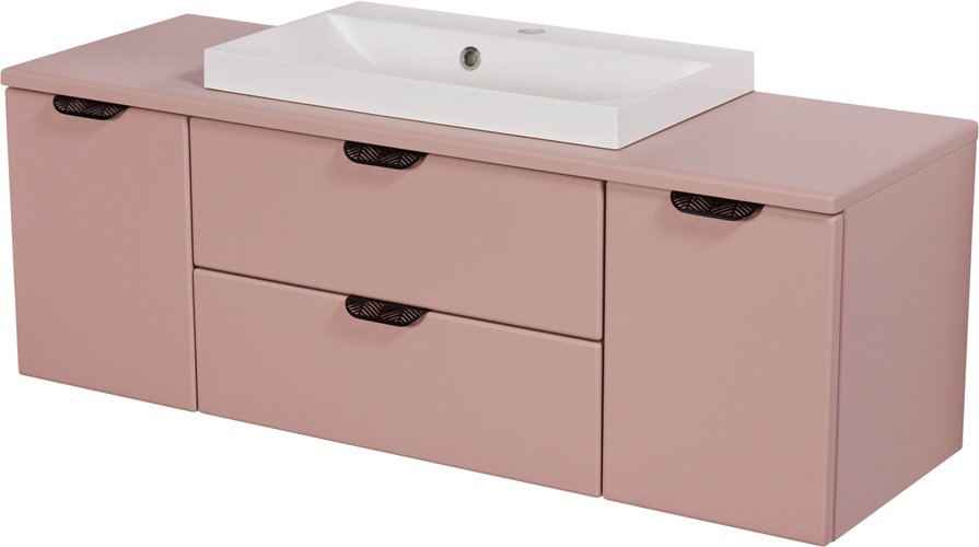Szafka łazienkowa pudrowy róż z umywalką nablatową czarny uchwyt 120 cm Magnolia Gante