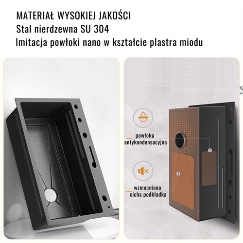 Zlewozmywak kuchenny stalowy jednokomorowy czarny ARGOS 68X46 ASI 304