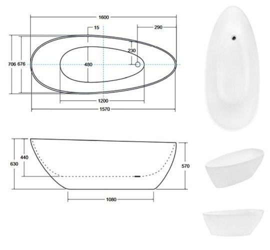 Czarno-biała matowa wanna wolnostojąca z konglomeratu + klik-klak czarny Goya 160 B&W Matt Besco WMMC-160GKB