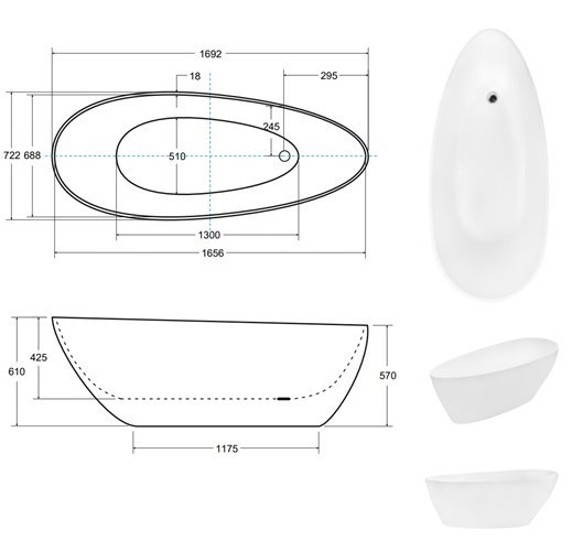Czarno-biała wanna wolnostojąca z konglomeratu + klik-klak złoty Goya 170 B&W Besco WMD-170-GWG