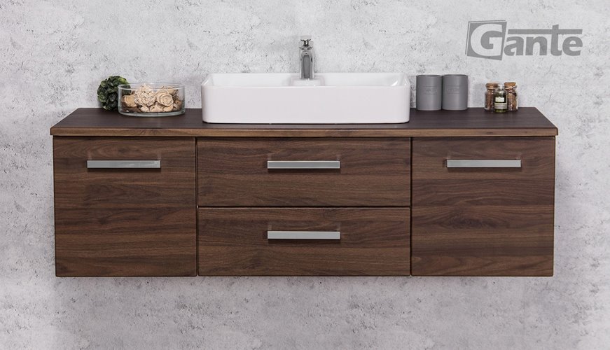 Szafka łazienkowa wisząca z umywalką nablatową 140 cm 50/2 Fokus kolor orzech