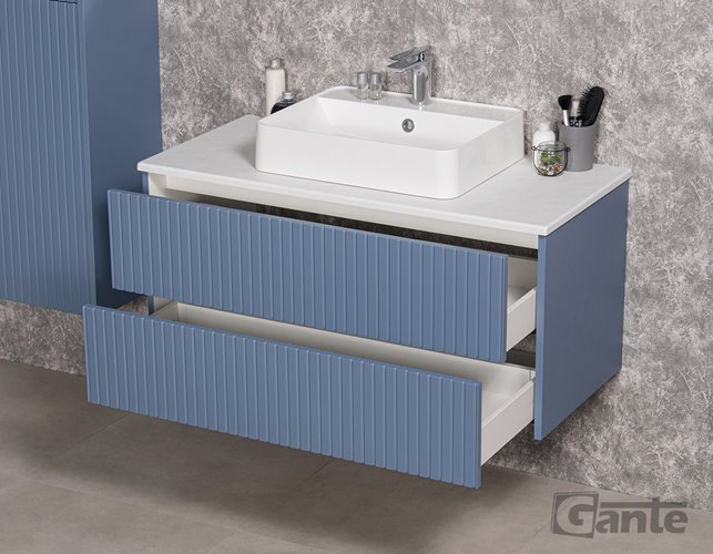 Szafka łazienkowa wisząca frezowana z umywalką 100 cm Mirage kolor niebieski mat