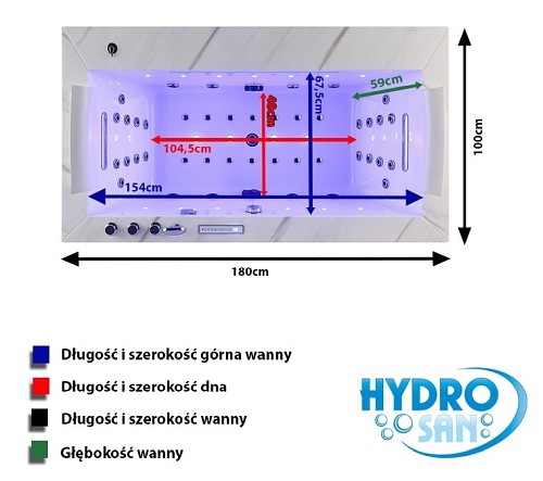 Wanna z hydromasażem 180x100 Boston 926W Hydrosan