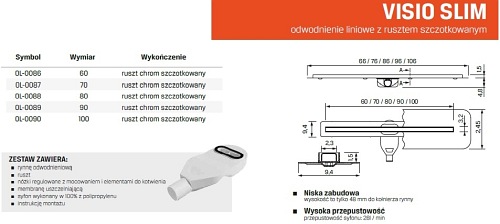 Visio Slim New Trendy odpływ liniowy 60 cm OL-0086 ruszt chrom szczotkowany