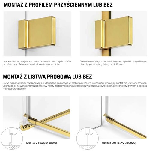 Złota szczotkowana kabina prysznicowa przyścienna lewa 80x80 cm EXK-3071 Avexa New Trendy Gold Brushed