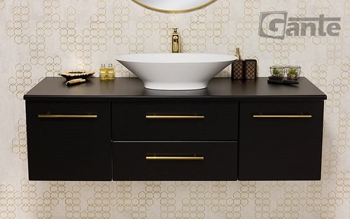 Szafka łazienkowa wisząca 140/50 cm czarny mat z umywalką nablatową Belli Gold Gante