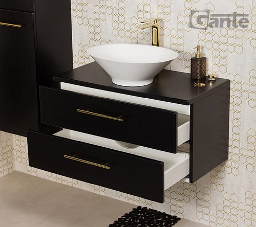 Szafka łazienkowa wisząca 80 cm czarny mat z umywalką nablatową Belli Gold Gante