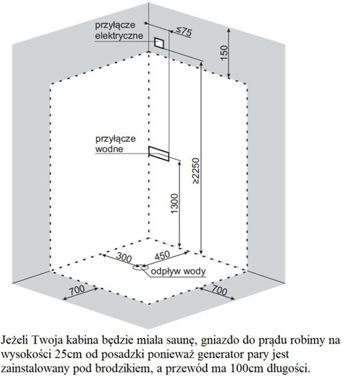 Kabina prysznicowa z hydromasażem i sauną niski brodzik białe ściany 90x90