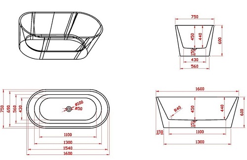 Wanna wolnostojąca biała przelew oraz korek złoty 160 cm Lizbona Hydrosan